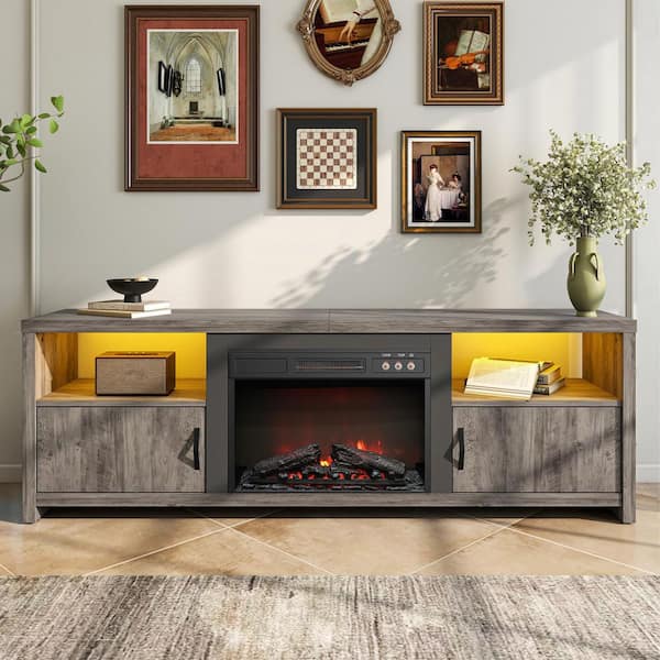 70.87 in. Freestanding LED Fireplace TV Stand Fits TV's Up to 80 in. Entertainment Center and Cabinets Wash Grey