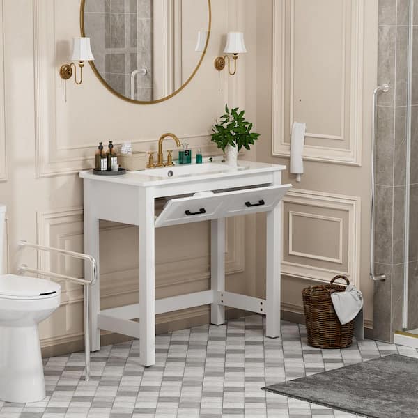 36 in. Freestanding White Bath Vanity with White Ceramic Top Unassembled, Good for Wheelchair Users