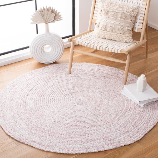 Braided Ivory Pink 5 ft. x 5 ft. Border Chevron Round Area Rug