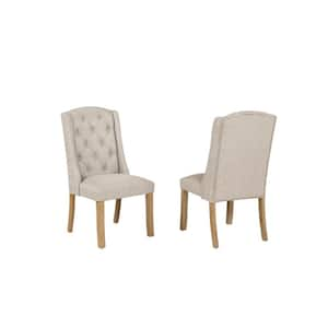 Katt Beige Linen Fabric With Rustic Light Oak Finish Legs Wing Chairs Set of 2