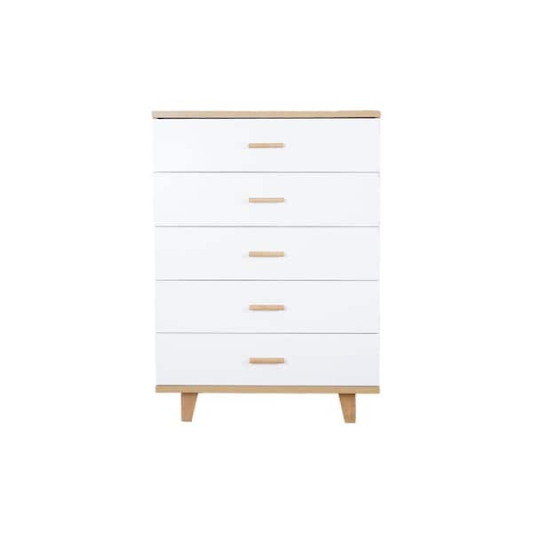 Kahomvis 5-Drawer White Anti-Tip Wood Chest of Drawers Modern Storage Cabinet (45.47 in. H x 31.5 in. W x 15.75 in. D)