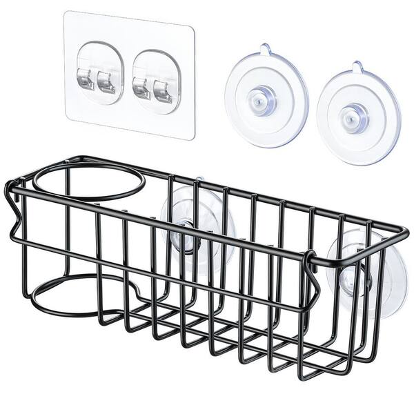 304 Stainless Steel Sponge Holder with Suction Cups and Adhesive Hook for Kitchen Sink Organization (Black)