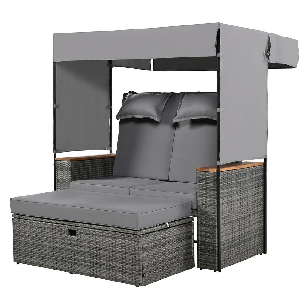 2-Piece Wicker Outdoor Day Bed with Gray Cushions, Rattan Outdoor Patio Ben