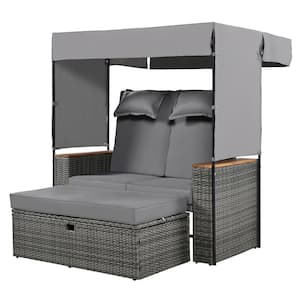2-Piece Wicker Outdoor Day Bed with Gray Cushions, Rattan Outdoor Patio Bench Lounge Roof Set