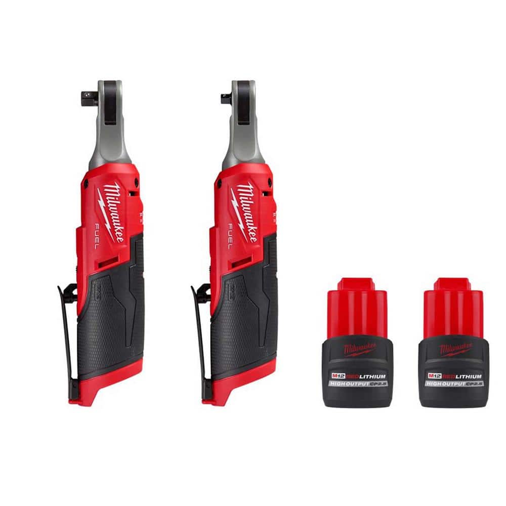 Milwaukee M12 FUEL 12-Volt Lithium-Ion Brushless Cordless High Speed 3/8  in.  1/4 in. Ratchets w/(2) M12 CP 2.5 Ah Batteries  2567-20-2566-20-48-11-2425-48-11-2425 The Home Depot