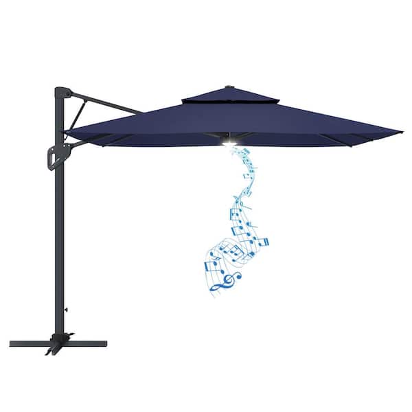 Clihome 10 ft. Patio Square Pneumatic Lever Cantilever Umbrella in Navy Blue with Bluetooth Speaker and Lighting (Without Base)