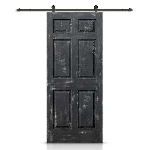 CALHOME 30 in. x 80 in. Vintage Black Stain Composite MDF 6 Panel Interior Sliding Barn Door with Hardware Kit