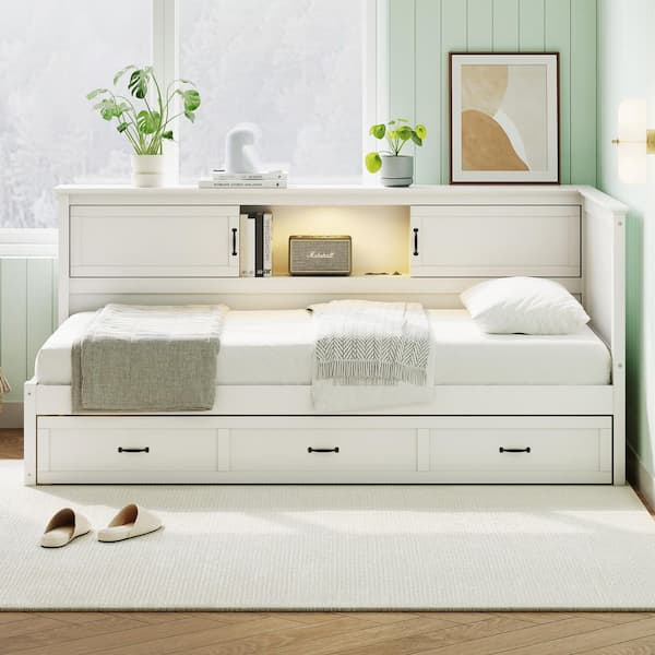 L-Shaped White Pine Wood Frame Full Platform Bed with Drawer, Bookcase, LED Downlight for Bedroom