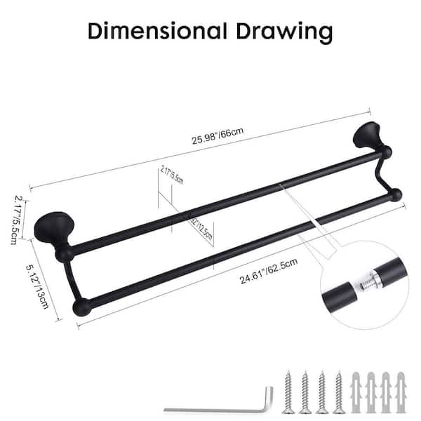 24 in. Wall Mounted Double Towel Bar in Matte Black, for Bathroom, Powder Room and Guest Bath Towel Hanging