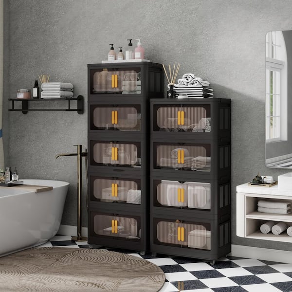 Otryad 4-Tier Black Plastic Collapsible Storage Cabinet, Rolling Closet Organizer with Magnetic Door (24 x 14 x 48 in. )