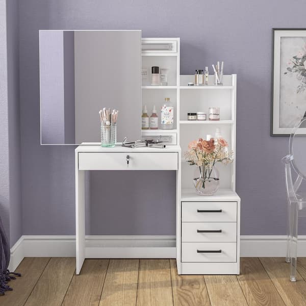 Polifurniture Hannah White 4 Drawer Makeup Vanity with Sliding Mirror and 4 Shelves