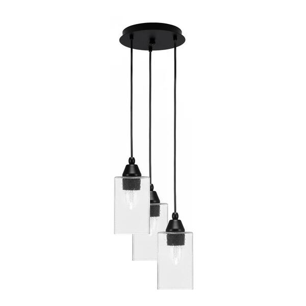 Unbranded Savannah 10.25 in. 3-Light Matte Black Cord Pendant Light Square Clear Bubble Glass Shade