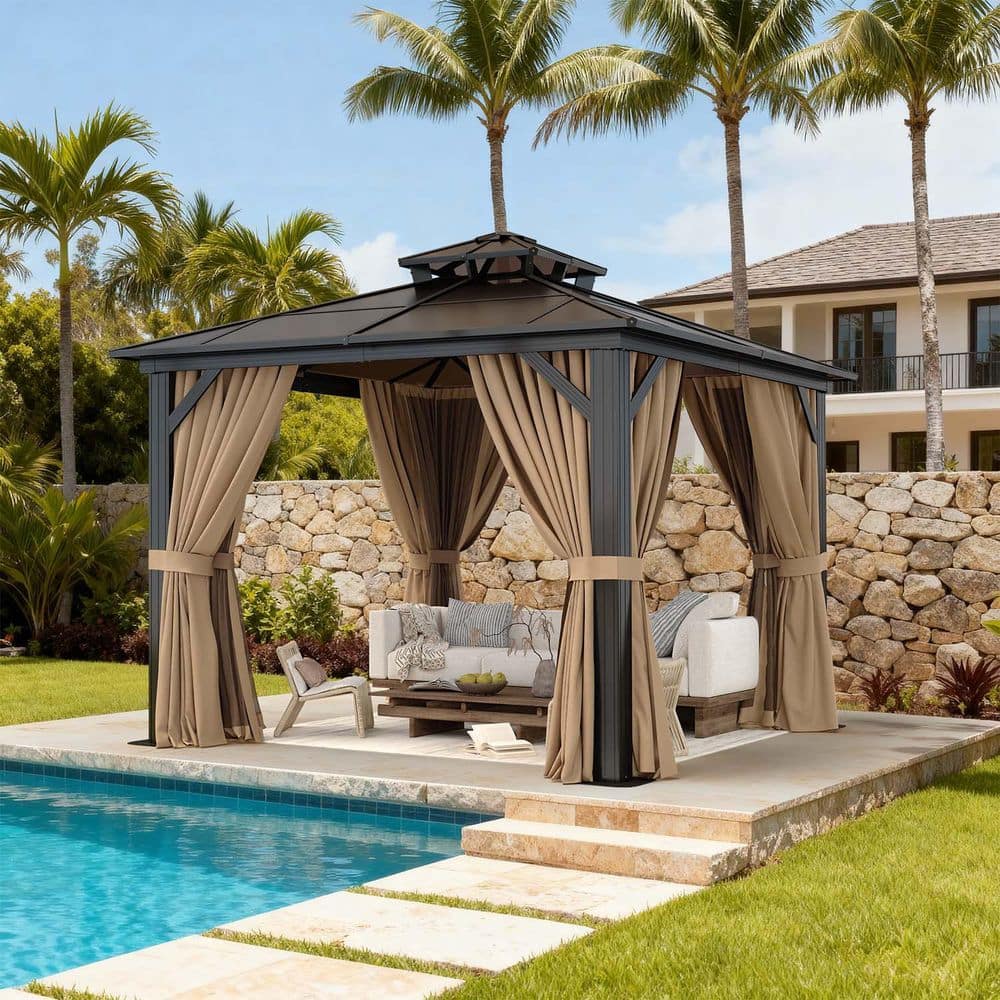 Sizzim 10 ft. x 10 ft. Brown Outdoor Gazebo, Polycarbonate Double