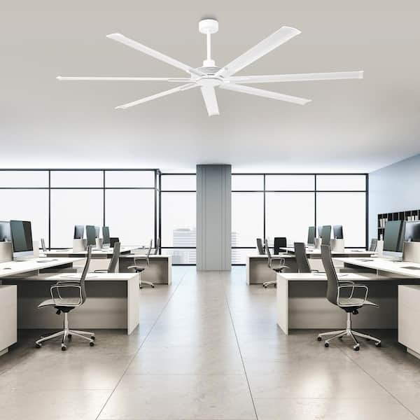 84 in. Indoor Industrial Matte White 7-Blade Downrod Mount Ceiling Fan with Remote Control and Reversible DC Motor