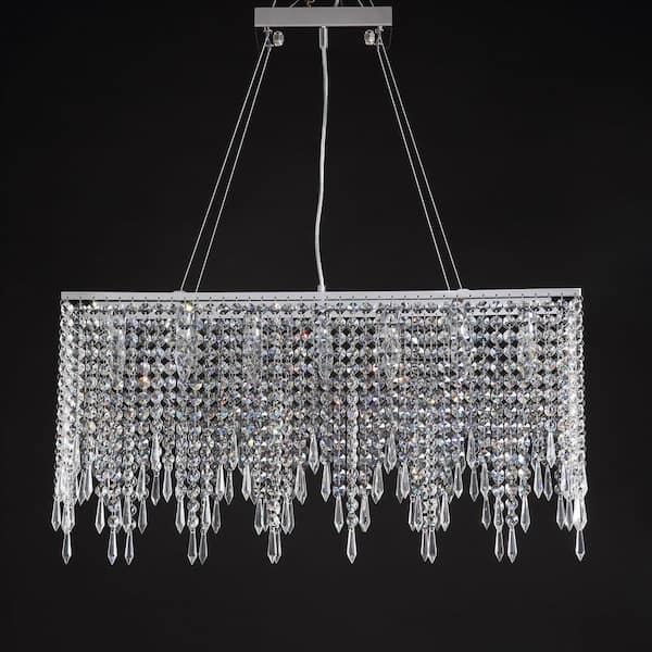 FANNEHONNE 40 in. 8-Light Chrome Rectangle Crystal Chandelier Island Lighting Dining Room Chandeliers