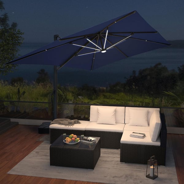 13 ft. x 10 ft. Rectangular Aluminum 360° Rotation Outdoor Patio Cantilever Umbrella with LED Strip, in Navy Blue