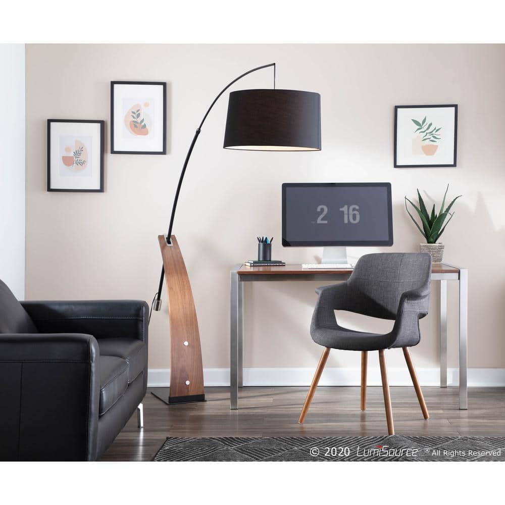 High-Back Walnut and Charcoal Fabric Upholstered Arm Chair