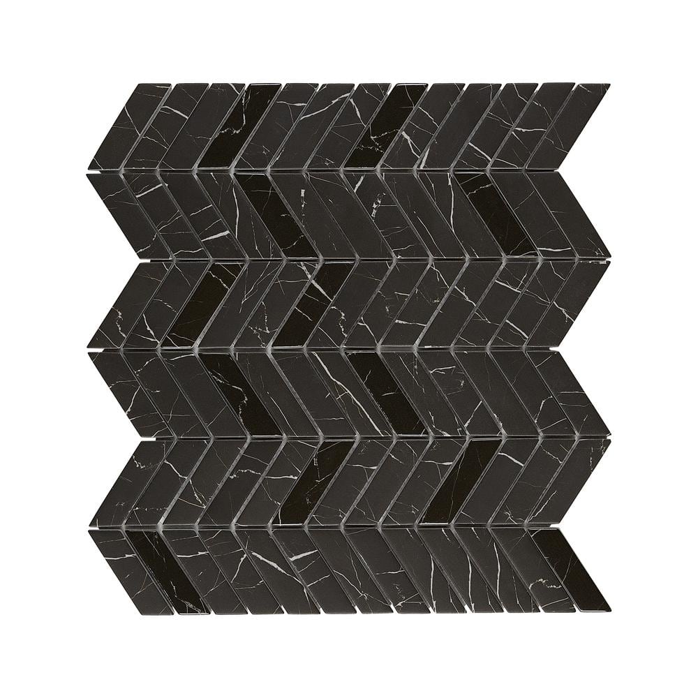 Marble Essence Marquina 12.24 in. x 11.02 in. Chevron Glass Mesh-Mounted Mo