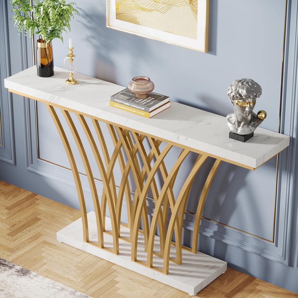 59'' Gold Console Table with White Faux Marble Top and Grid Metal Base