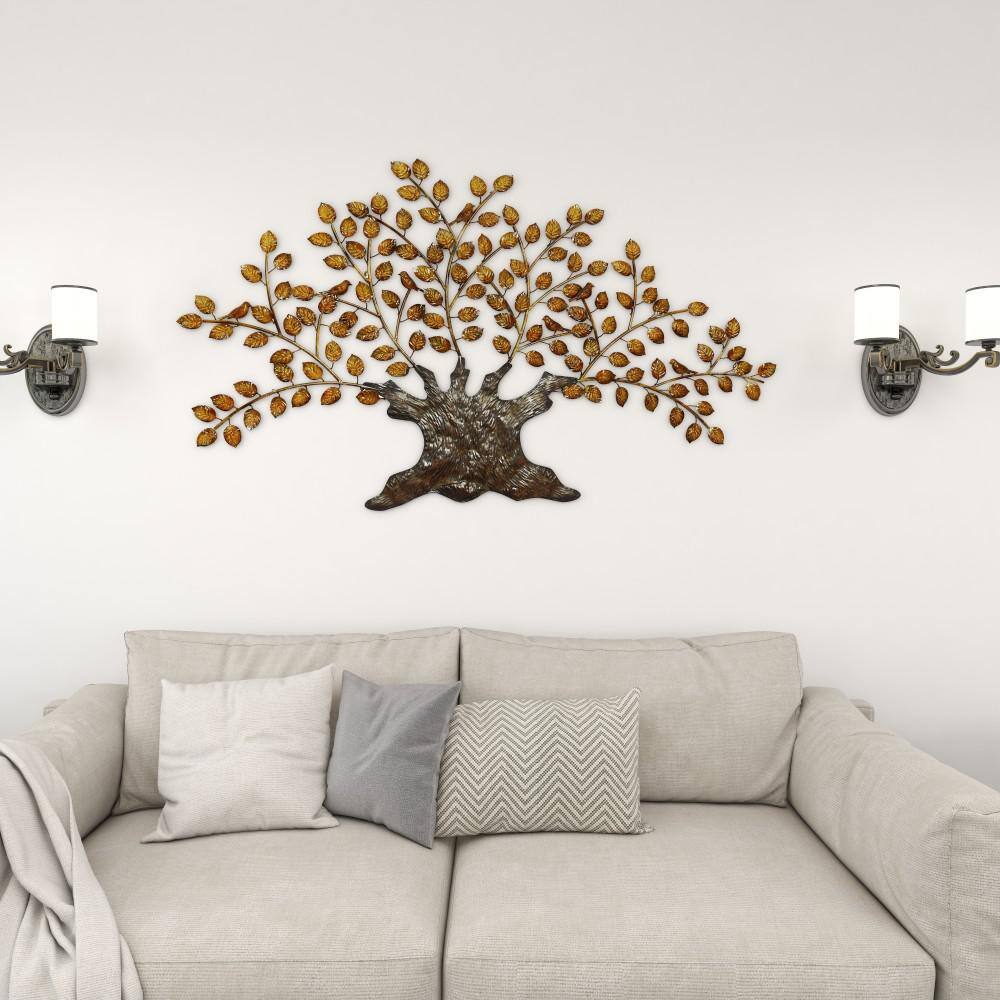 Large Brown and Gold Metal Tree Wall Sculpture with Leaves
