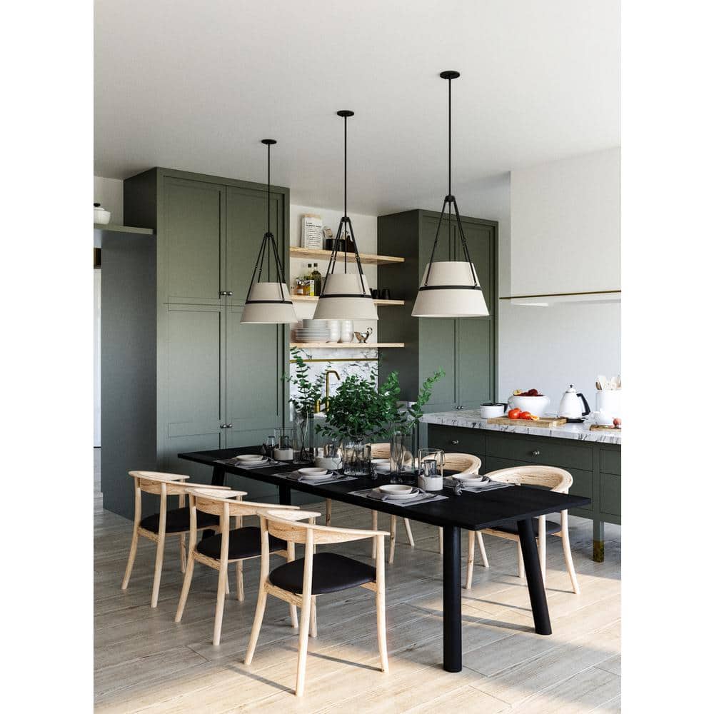 Matte Black and White Linen Drum Pendant Light