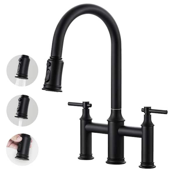 Double Handle Pull Out Sprayer Kitchen 3 Hole Included Supply Lines in Matte Black