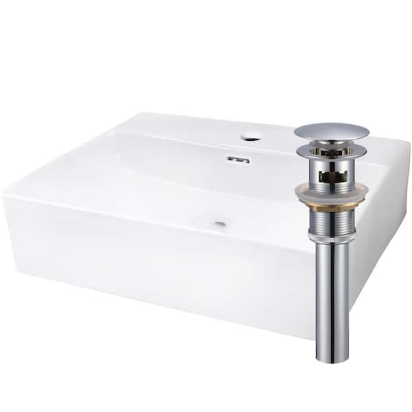 Novatto 20 in. Rectangular Vessel Bathroom Sink in White Porcelain with Faucet Hole and Overflow Drain in Chrome