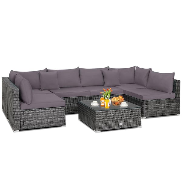 7 Pieces Sectional Wicker Furniture Sofa Set with Tempered Glass Top -  Costway