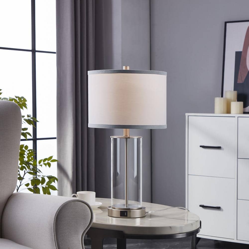 Brushed Nickel Glass Table Lamps with USB Ports and AC Outlet, Set of 2