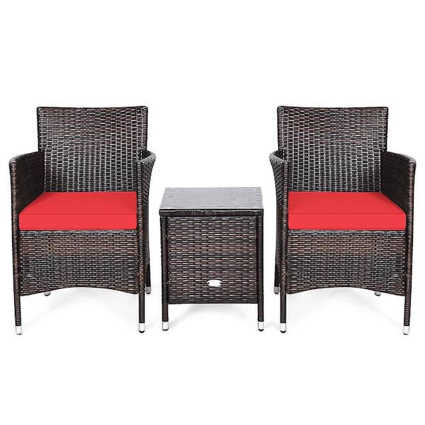 Costway 3-Pieces PE Rattan Wicker Patio Conversation Set Chairs Coffee Table Garden with Red Cushion