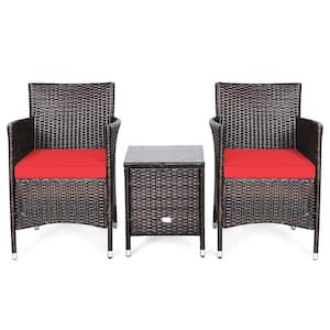3-Pieces PE Rattan Wicker Patio Conversation Set Chairs Coffee Table Garden with Red Cushion