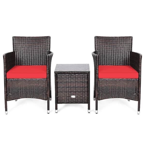 Costway 3-Pieces PE Rattan Wicker Patio Conversation Set Chairs Coffee Table Garden with Red Cushion
