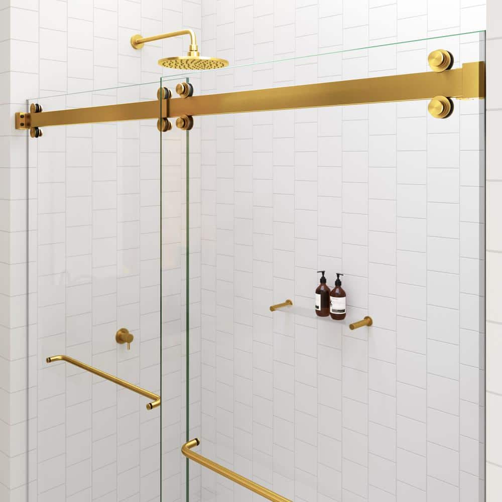 Polaris Frameless Satin Brass Sliding Bathtub Door 60 x 66 in.