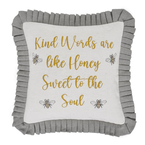 VHC BRANDS Embroidered Bee Cream Soft Yellow Charcoal Honey 18 in. x 18 in. Throw Pillow