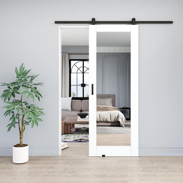 28 in. x 80 in. 1 Lite Mirrored Glass White Primed MDF Top Mount Sliding Barn Door with Hardware Kit and Soft Close