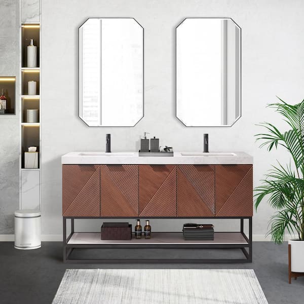 ROSWELL Mahon 60 in.W x 22 in.D x 33.9 in.H Double Sink Bath Vanity in Walnut with White Grain Composite Stone Top