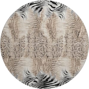 Mayfield Premium Machine Washable Abstract AMF2276 Ivory 8 ft. x 8 ft. Round Rug
