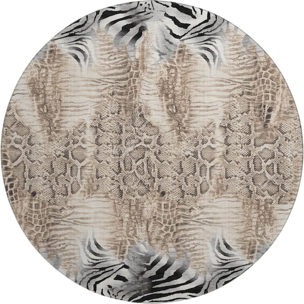 Mayfield Premium Machine Washable Abstract AMF2276 Ivory 8 ft. x 8 ft. Round Rug