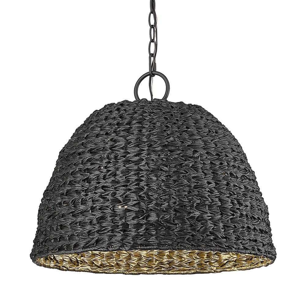 Natural Black Glass and Wicker 3-Light Outdoor Pendant