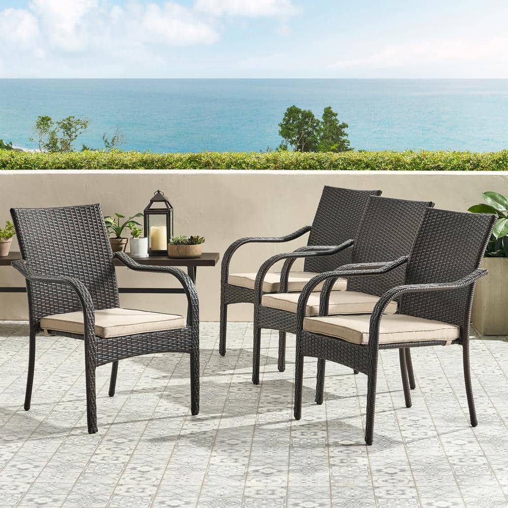 Brown Wicker Stackable Outdoor Dining Chair with Beige Cushion (Set of 4)