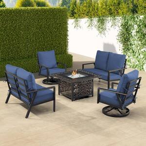 Black 6-Piece Aluminum Patio Fire Pit with 2-Deep Seating Loveseat and 2-Club Chairs Blue Cushions