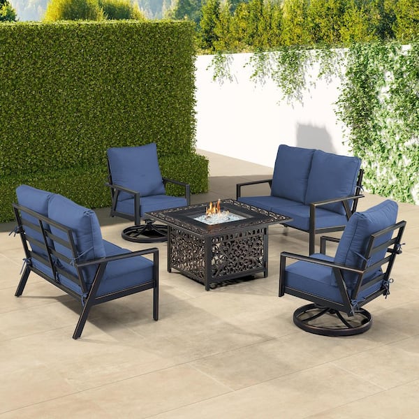 Oakland Living Black 6-Piece Aluminum Patio Fire Pit with 2-Deep Seating Loveseat and 2-Club Chairs Blue Cushions