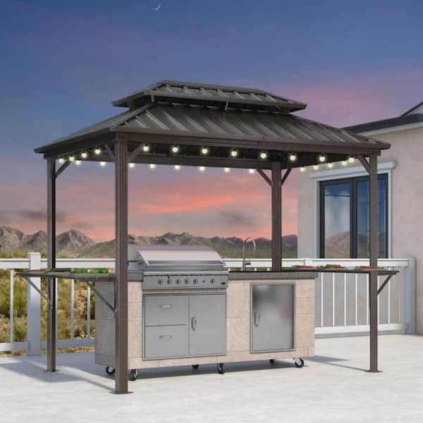 6 ft. x 9 ft. Hardtop Grill Gazebo for Patio Aluminum Barbecue Shelter Gazebo, Hooks,Shelves Double Tiered 12-Ligths