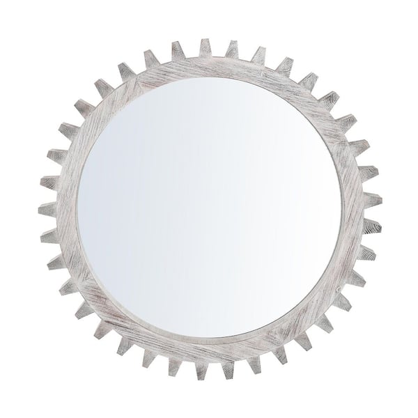 CONGE IMPORT LLC Gray White 26 in. W x 26 in. H Round Wood Framed Mirror Vintage Chic Hanging Gear Shape Decorative Patchwork Effect