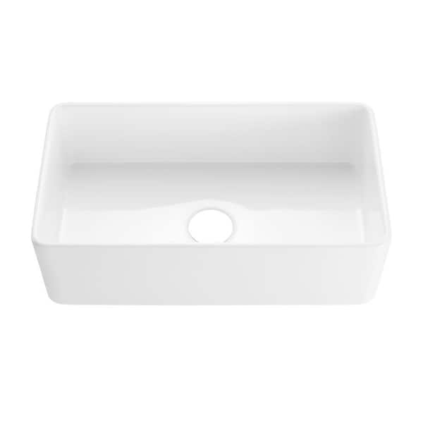 FUNKOL 30 in. White Fireclay Kitchen Single Basin Sink with 304 Stainless Steel Bottom Grid and Rubber Bumper