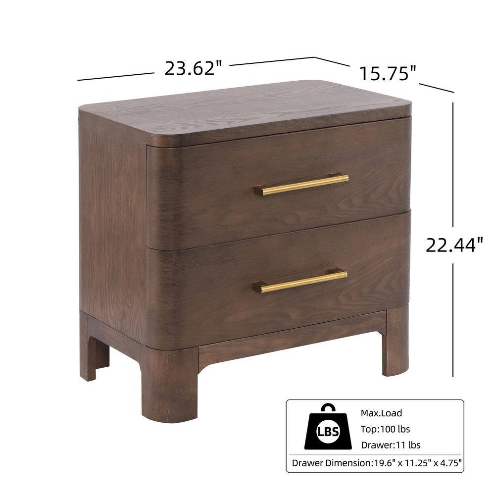 Faye Modern Brown 2-Drawer 23.62 in. W Nightstand with Brushed Gold Handles, Rounded Corners - thumbnail 7
