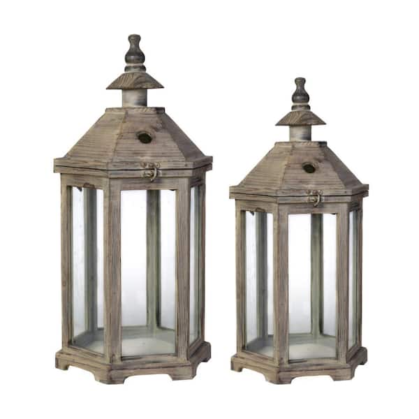 Benjara Brown Temple Design Wooden Lantern with Glass Panels (Set of 2)