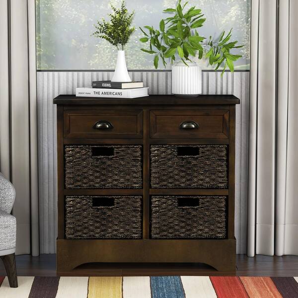 Rustic Drawer Cabinet Storage Cabinet with 5 Rattan Baskets