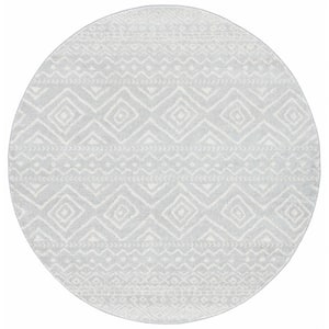 Tulum Light Gray/Ivory Doormat 3 ft. x 3 ft. Round Geometric Diamonds Striped Area Rug