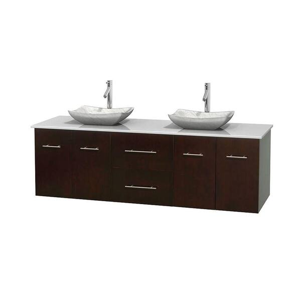 Wyndham Collection Centra 72 in. Double Vanity in Espresso with Solid-Surface Vanity Top in White and Sinks